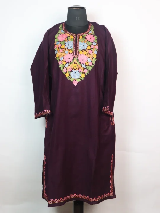 Sana Kashmiri Pheran In Cashmilon wool With Aari Embroidery | Dark Purple