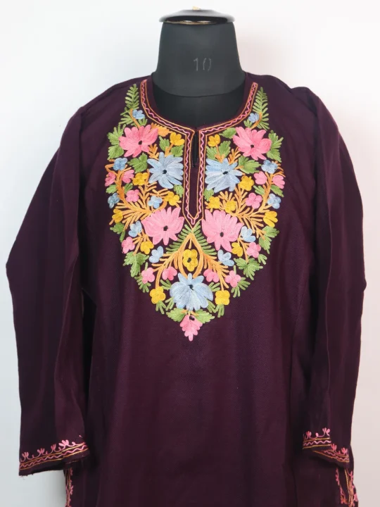 Sana Kashmiri Pheran In Cashmilon wool With Aari Embroidery | Dark Purple - Image 2