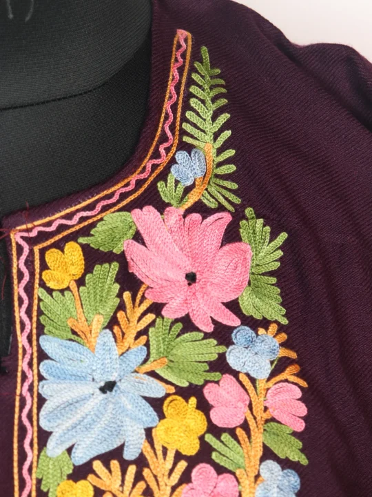 Sana Kashmiri Pheran In Cashmilon wool With Aari Embroidery | Dark Purple - Image 3