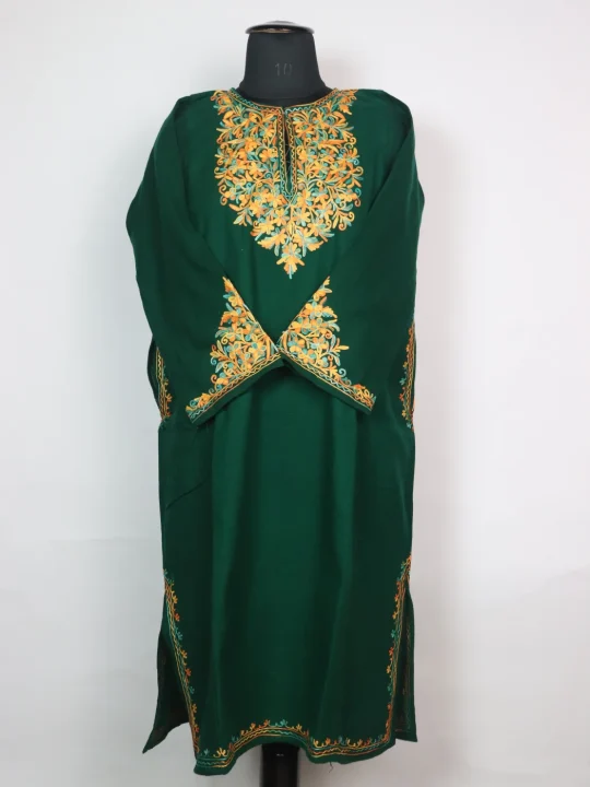 Green Kashmiri Pheran Elina in Cashmilon with Sleeve Point Aari Work