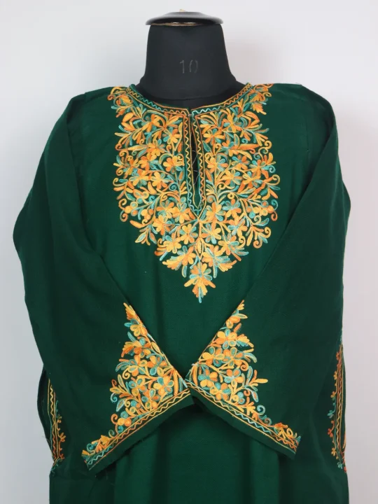 Green Kashmiri Pheran Elina in Cashmilon with Sleeve Point Aari Work - Image 2