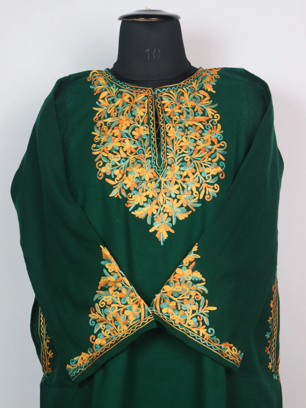 Green Kashmiri Pheran Elina in Cashmilon with Sleeve Point Aari Work - Image 2