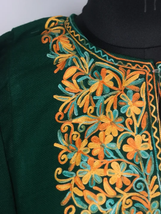 Green Kashmiri Pheran Elina in Cashmilon with Sleeve Point Aari Work - Image 3