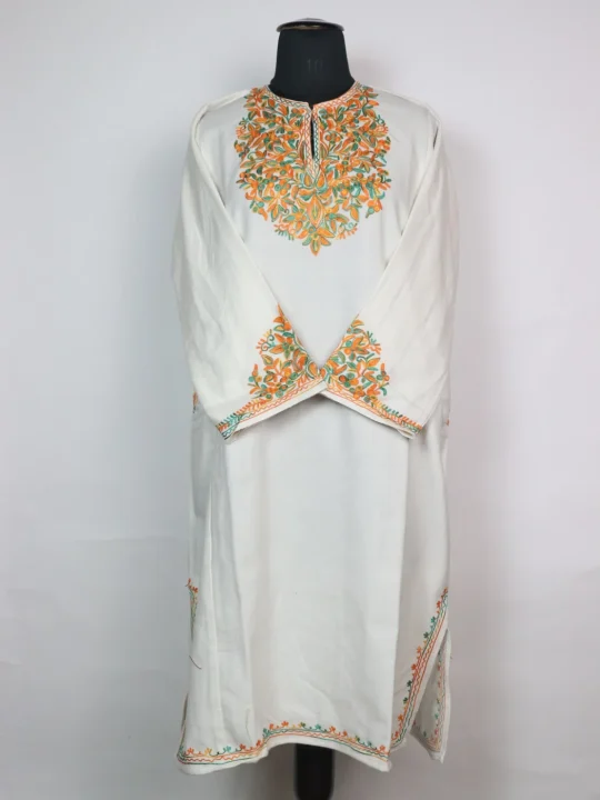 Elina Kashmiri Pheran in Cashmilon with Sleeve Point Aari Embroidery | Off White