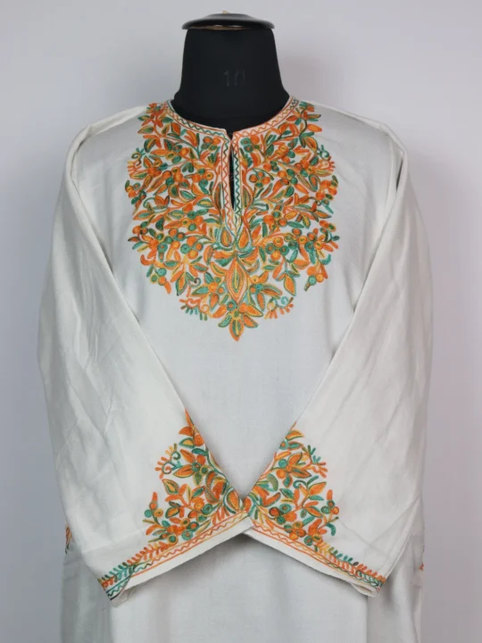 Elina Kashmiri Pheran in Cashmilon with Sleeve Point Aari Embroidery | Off White - Image 2