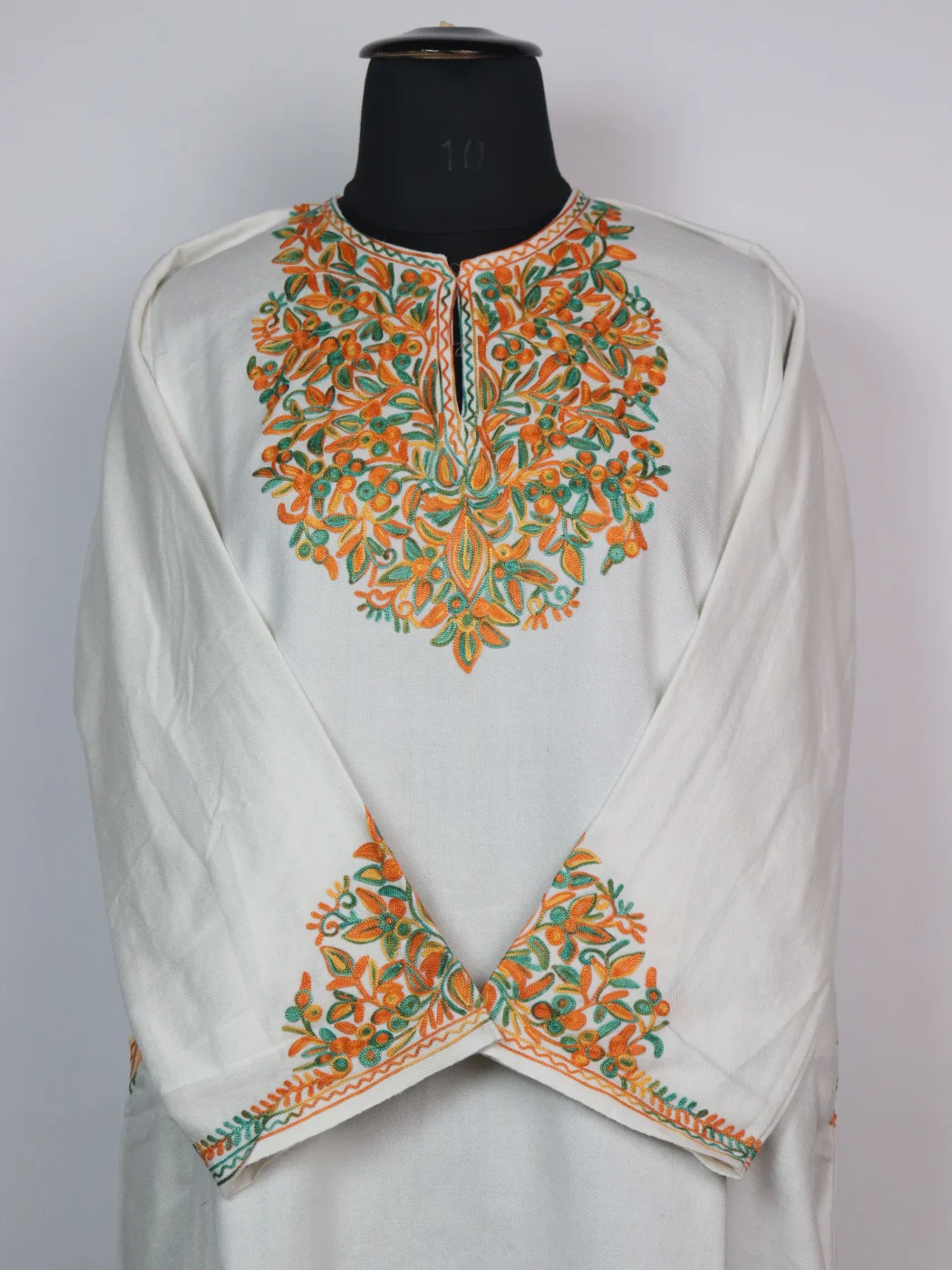 Elina Kashmiri Pheran in Cashmilon with Sleeve Point Aari Embroidery | Off White - Image 2