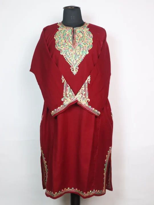 Elina Kashmiri Pheran in Cashmilon with Sleeve Point Aari Embroidery | Wine