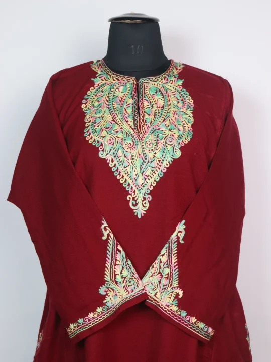 Elina Kashmiri Pheran in Cashmilon with Sleeve Point Aari Embroidery | Wine - Image 2