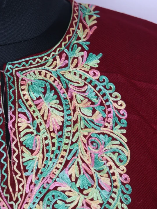 Elina Kashmiri Pheran in Cashmilon with Sleeve Point Aari Embroidery | Wine - Image 3