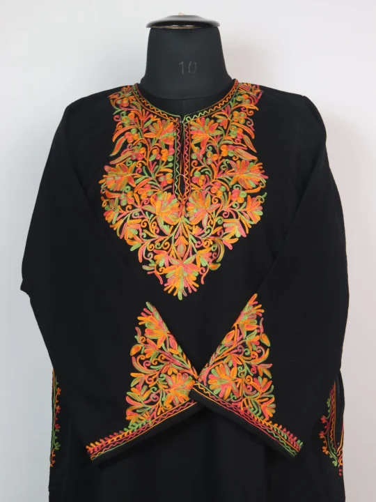 Kashmiri Pheran in Black Cashmilon with Sleeve Point Aari Work | Elina - Image 2