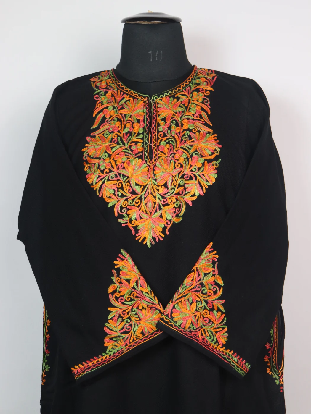 Kashmiri Pheran in Black Cashmilon with Sleeve Point Aari Work | Elina - Image 2