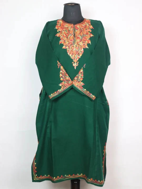 Kashmiri Pheran Elina in Cashmilon with Sleeve Point Aari Embroidery | Dark Green
