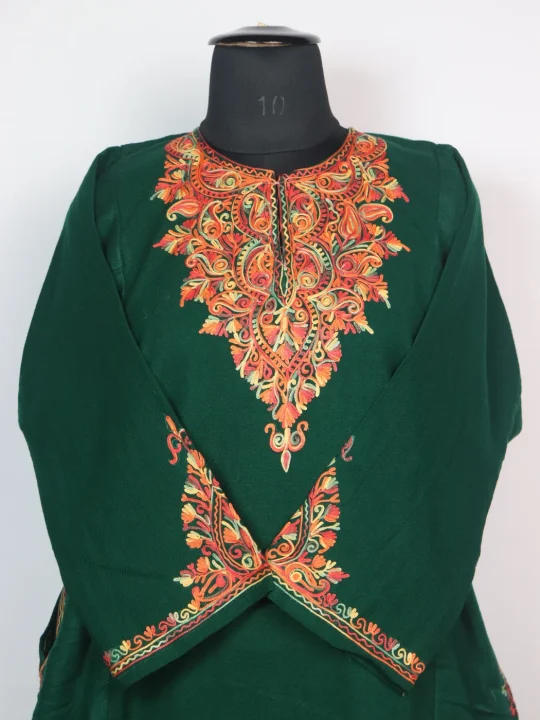 Kashmiri Pheran Elina in Cashmilon with Sleeve Point Aari Embroidery | Dark Green - Image 2