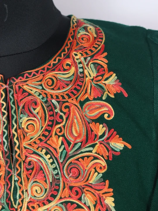 Kashmiri Pheran Elina in Cashmilon with Sleeve Point Aari Embroidery | Dark Green - Image 3
