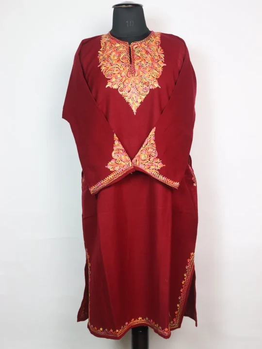 Wine Kashmiri Pheran in Cashmilon with Sleeve Point Aari Work | Elina