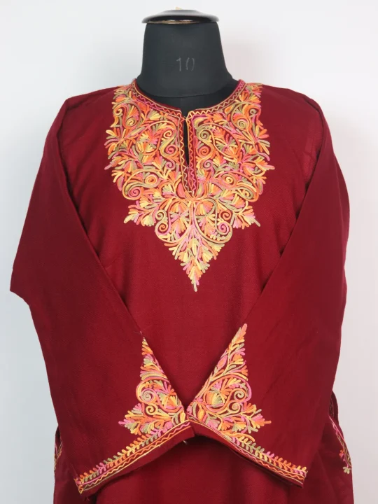 Wine Kashmiri Pheran in Cashmilon with Sleeve Point Aari Work | Elina - Image 2