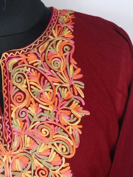 Wine Kashmiri Pheran in Cashmilon with Sleeve Point Aari Work | Elina - Image 3