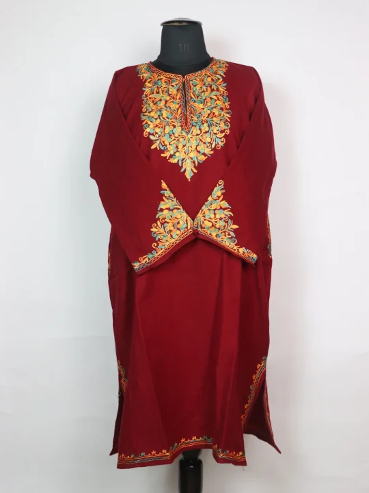 Maroon Kashmiri Pheran in Cashmilon with Sleeve Point Aari Embroidery | Elina