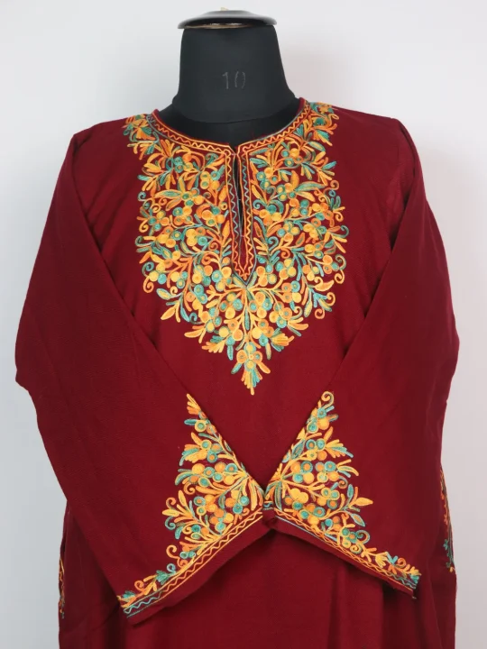 Maroon Kashmiri Pheran in Cashmilon with Sleeve Point Aari Embroidery | Elina - Image 2