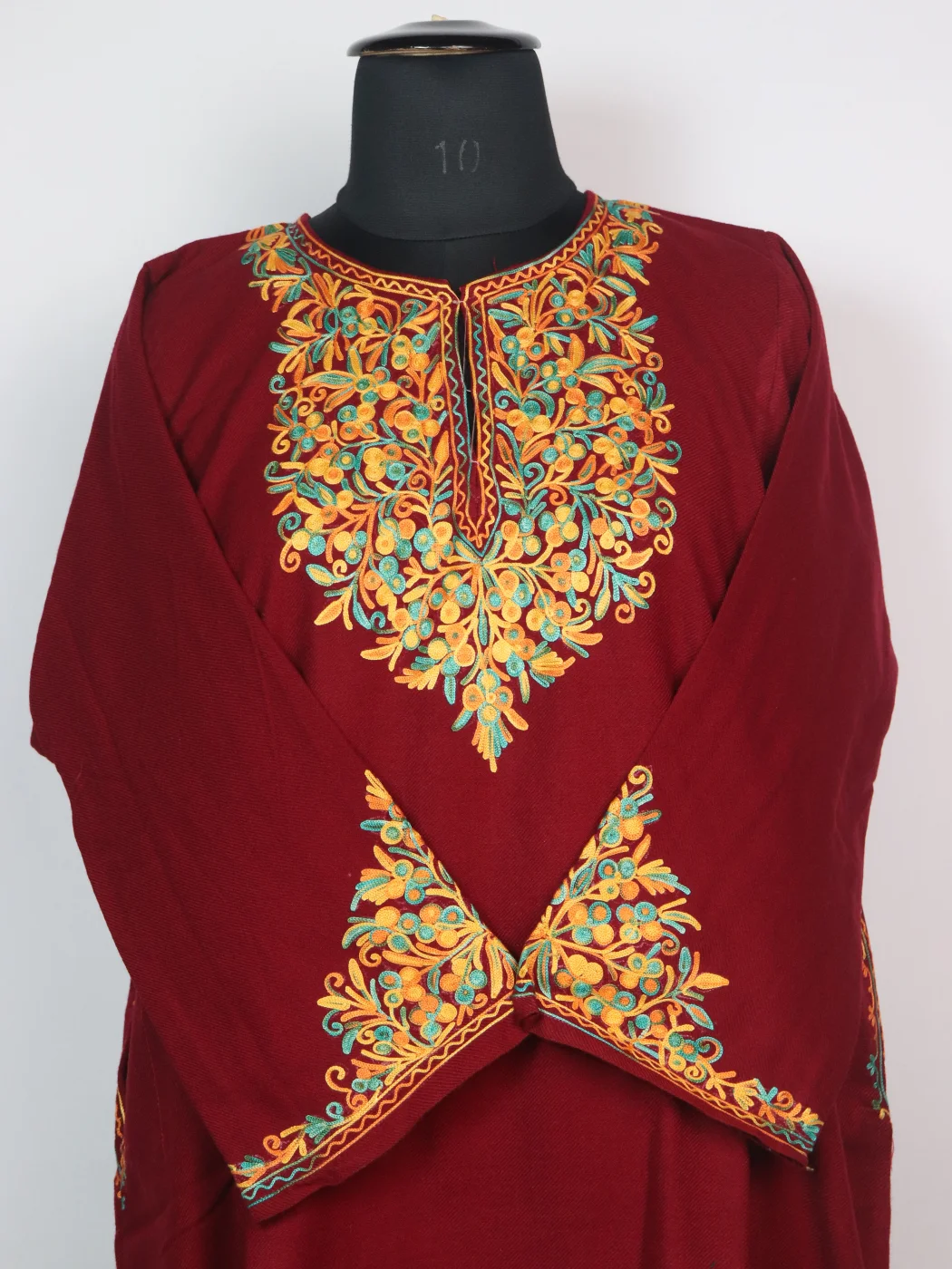 Maroon Kashmiri Pheran in Cashmilon with Sleeve Point Aari Embroidery | Elina - Image 2