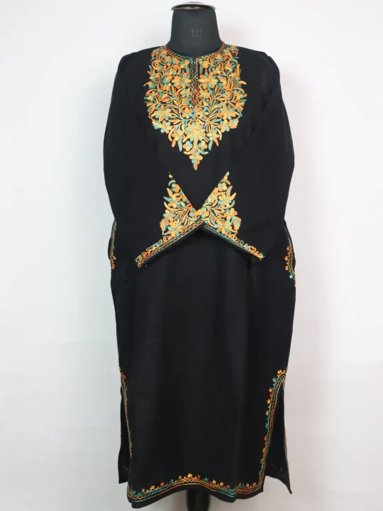 Kashmiri Pheran Elina in Cashmilon with Sleeve Point Aari Embroidery | Black