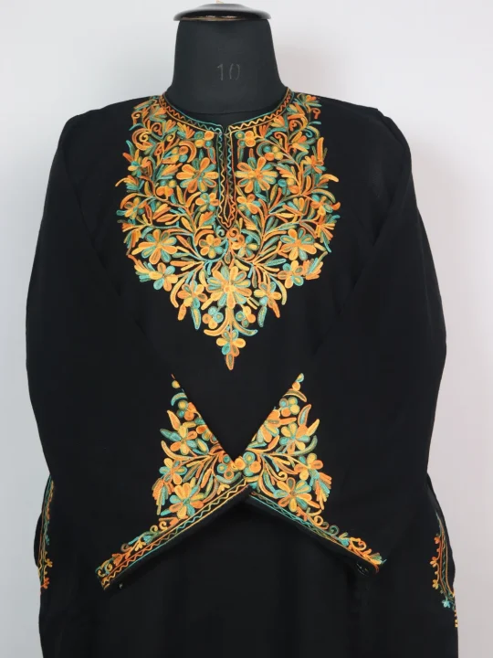 Kashmiri Pheran Elina in Cashmilon with Sleeve Point Aari Embroidery | Black - Image 2