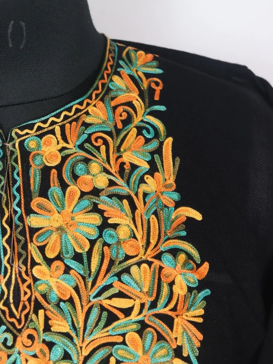 Kashmiri Pheran Elina in Cashmilon with Sleeve Point Aari Embroidery | Black - Image 3