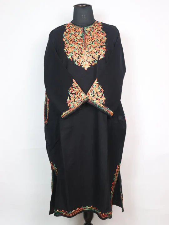 Kashmiri Pheran with Sleeve Point Aari Work in Cashmilon Elina | Black