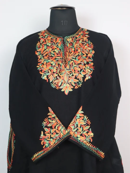 Kashmiri Pheran with Sleeve Point Aari Work in Cashmilon Elina | Black - Image 2
