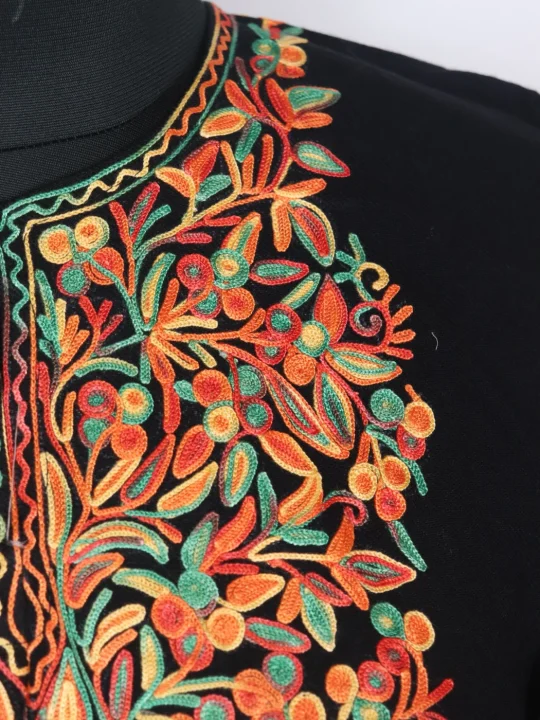 Kashmiri Pheran with Sleeve Point Aari Work in Cashmilon Elina | Black - Image 3