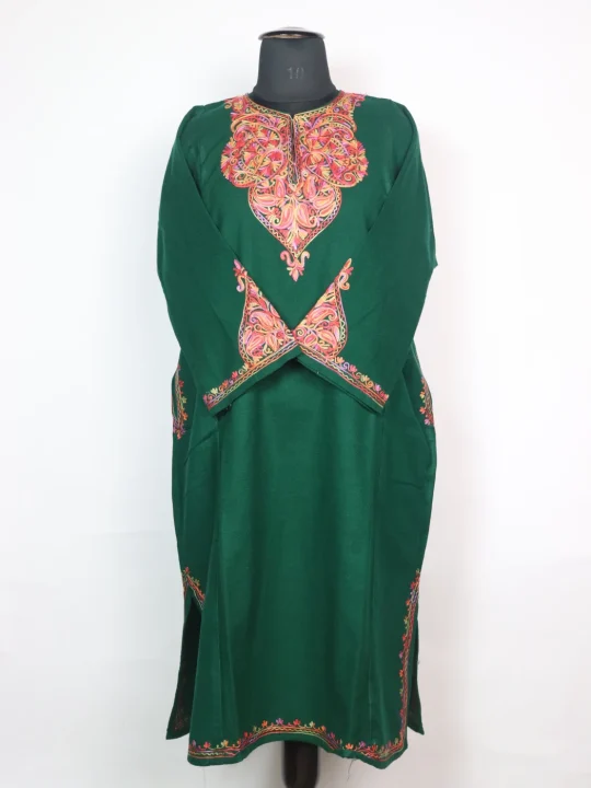 Elina Kashmiri Pheran with Sleeve Point Aari Work in Cashmilon  | Green