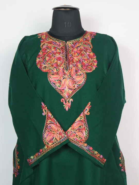 Elina Kashmiri Pheran with Sleeve Point Aari Work in Cashmilon  | Green - Image 3