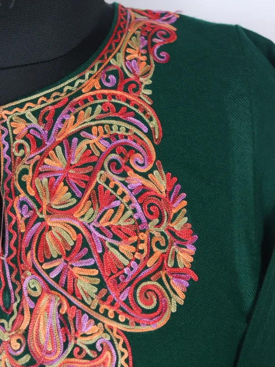 Elina Kashmiri Pheran with Sleeve Point Aari Work in Cashmilon  | Green - Image 4