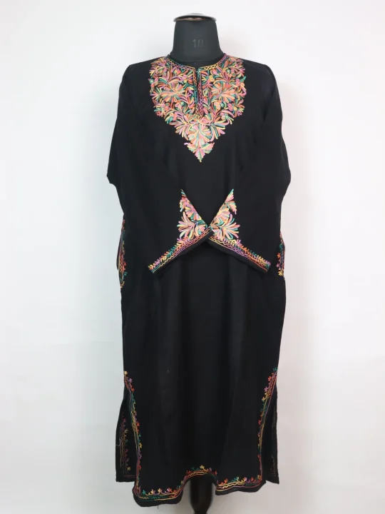 Black Kashmiri Pheran in Cashmilon with Sleeve Point Aari Work | Elina