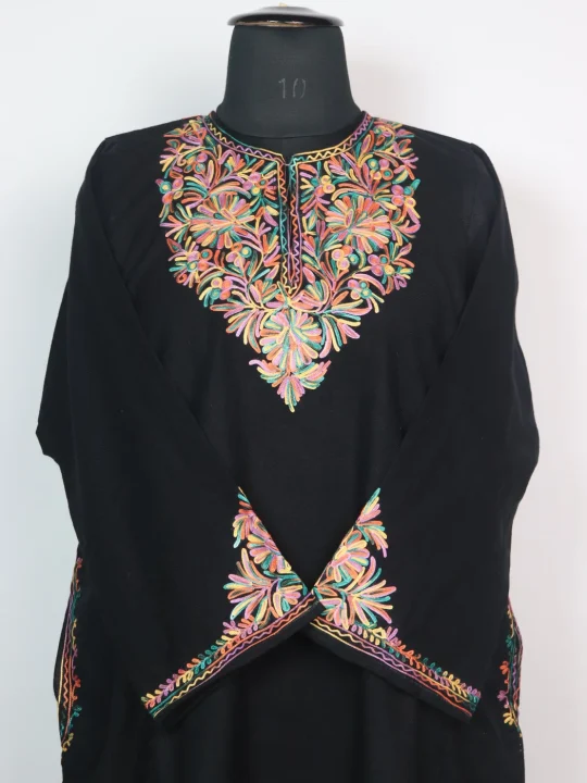 Black Kashmiri Pheran in Cashmilon with Sleeve Point Aari Work | Elina - Image 2