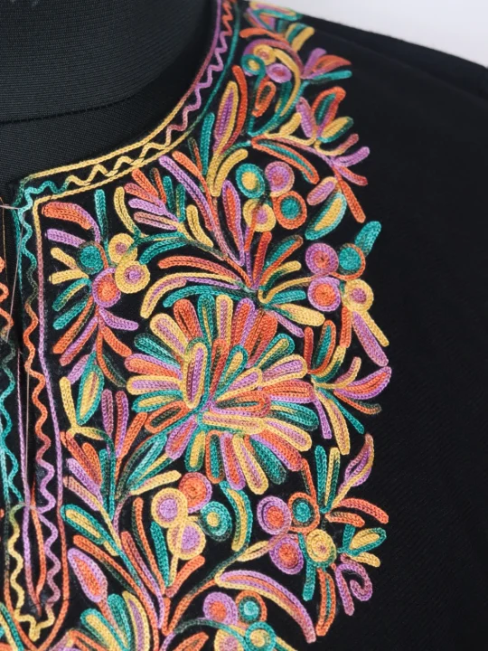 Black Kashmiri Pheran in Cashmilon with Sleeve Point Aari Work | Elina - Image 3