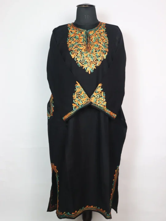 Elina Kashmiri Pheran in Cashmilon with Sleeve Point Aari Embroidery | Black