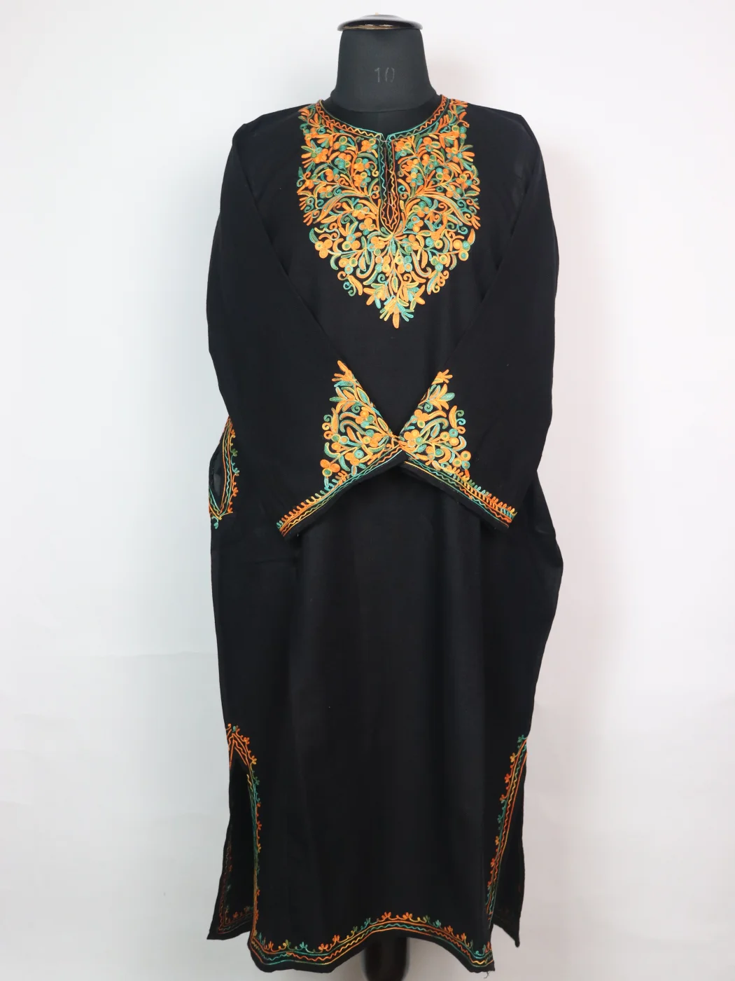 Elina Kashmiri Pheran in Cashmilon with Sleeve Point Aari Embroidery | Black