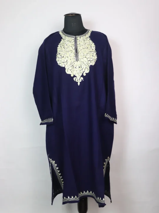 Blue Kashmiri Pheran in Cashmilon with Sleeve Point Aari Work | Elina