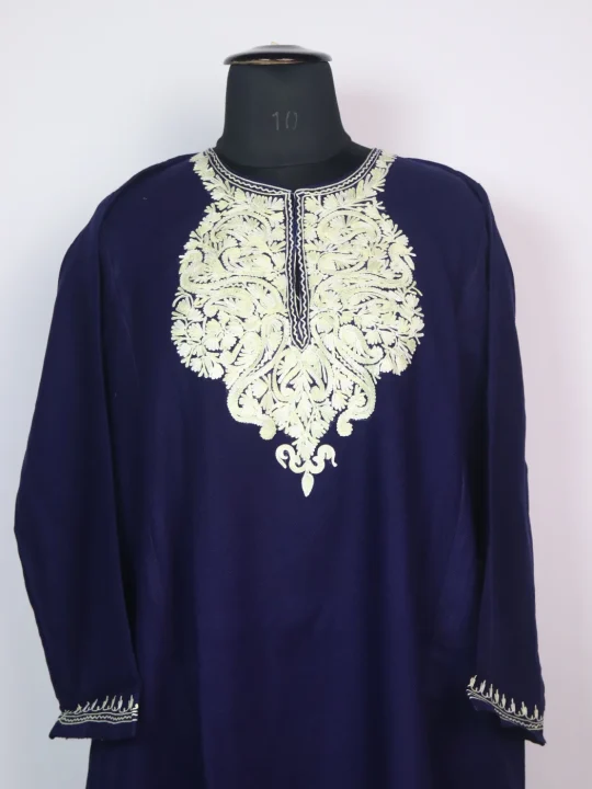 Blue Kashmiri Pheran in Cashmilon with Sleeve Point Aari Work | Elina - Image 2