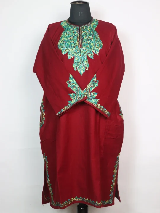 Kashmiri Pheran Elina in Maroon Cashmilon with Sleeve Point Aari Embroidery