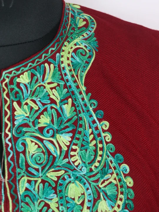 Kashmiri Pheran Elina in Maroon Cashmilon with Sleeve Point Aari Embroidery - Image 4
