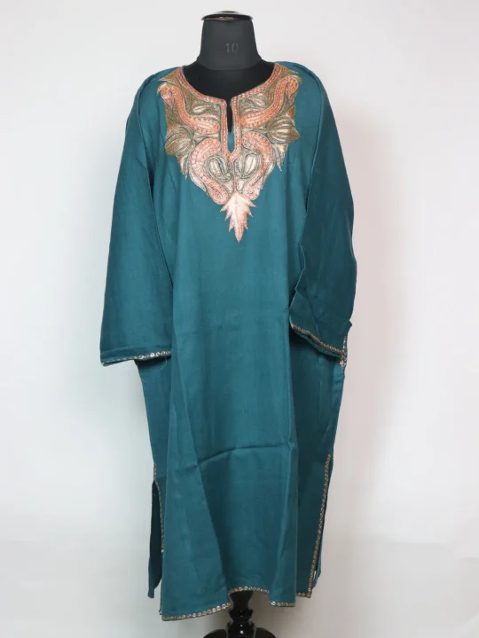 Farheen Kashmiri Pheran In Raffal Wool With Botte Tilla Embroidery | Teal