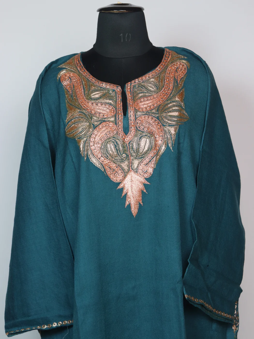 Farheen Kashmiri Pheran In Raffal Wool With Botte Tilla Embroidery | Teal - Image 2