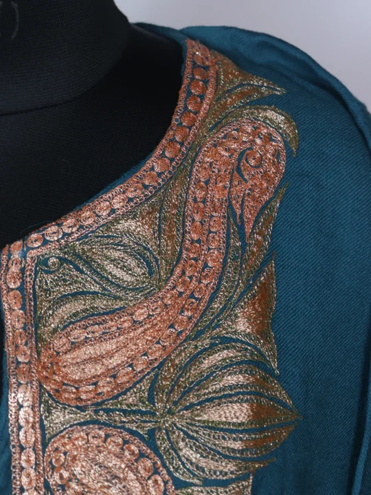 Farheen Kashmiri Pheran In Raffal Wool With Botte Tilla Embroidery | Teal - Image 3