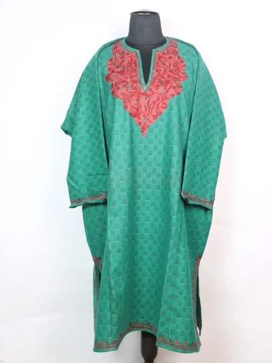 Kashmiri Pheran In Emerald GreenTweed Wool With Aari Embroidery | Shazia