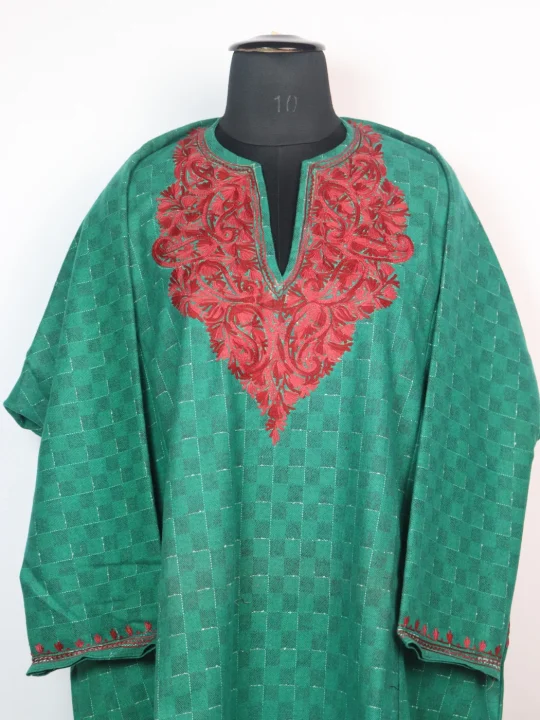 Kashmiri Pheran In Emerald GreenTweed Wool With Aari Embroidery | Shazia - Image 2