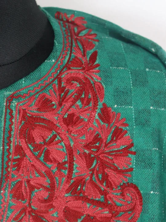 Kashmiri Pheran In Emerald GreenTweed Wool With Aari Embroidery | Shazia - Image 3