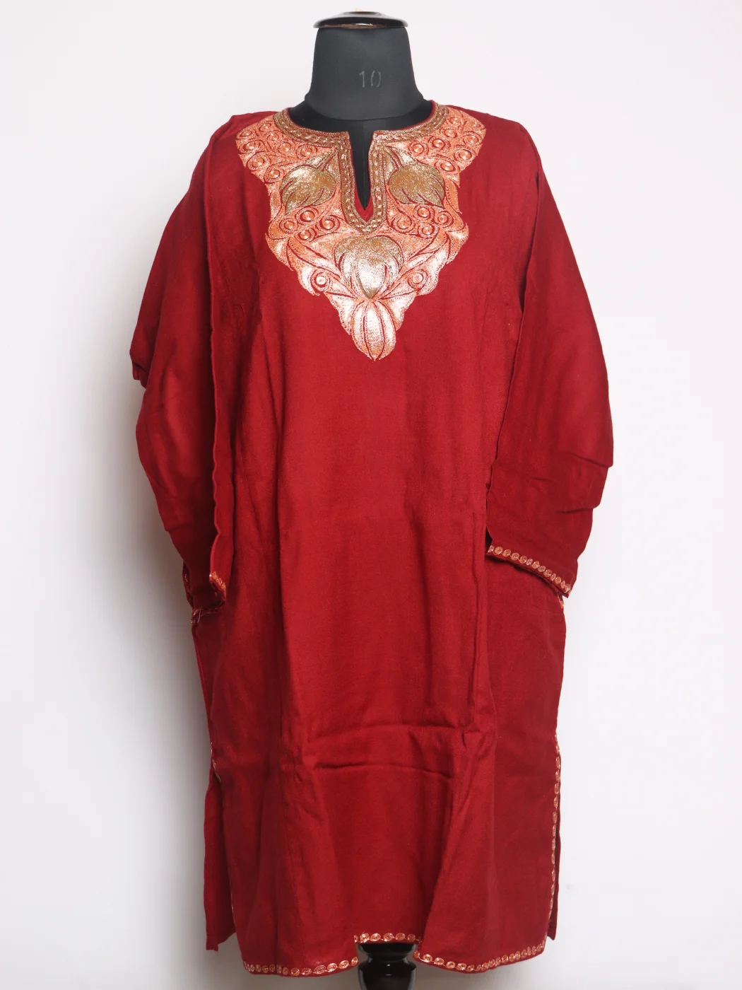 Red Kashmiri Pheran In Raffal Wool With Botte Tilla Embroidery | Fauzia