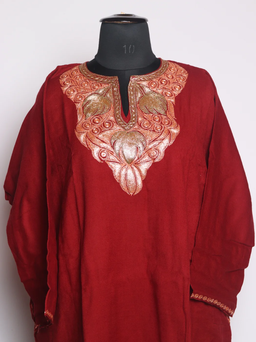 Red Kashmiri Pheran In Raffal Wool With Botte Tilla Embroidery | Fauzia - Image 2